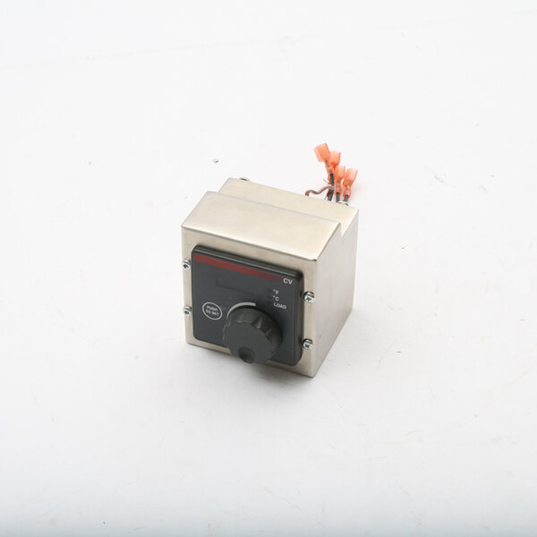 A small metal Keating thermostat kit with a red button and orange electrical wires.