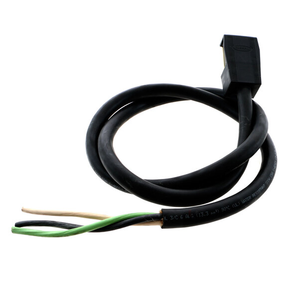 A close-up of a black Cres Cor power supply cord with green and black electrical wires.