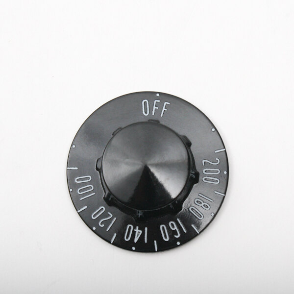 A black knob with white text.