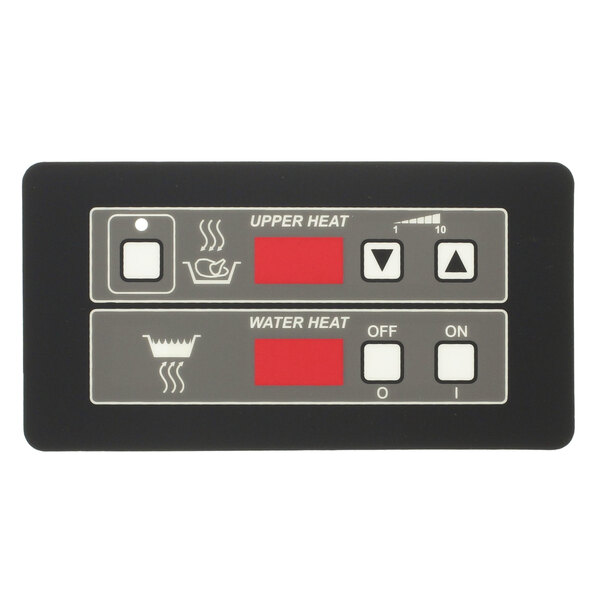 A black rectangular control panel decal with buttons for a Henny Penny countertop food warmer.