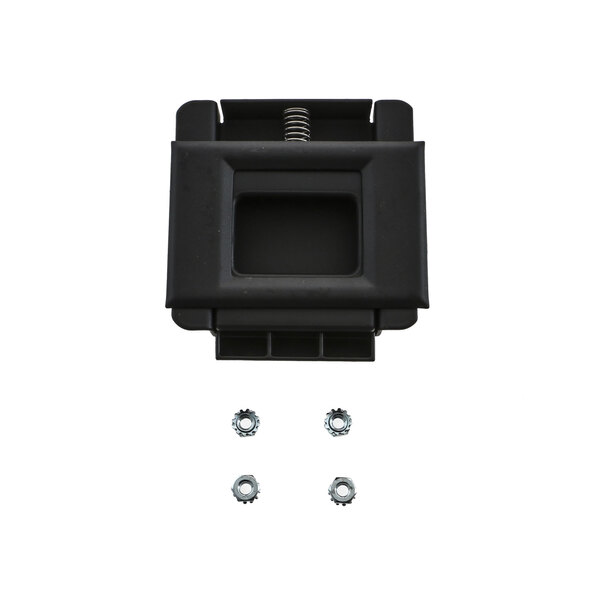 A black plastic Pitco door latch with screws and nuts.