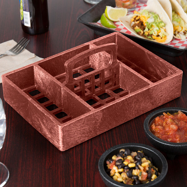 A HS Inc. Paprika Polyethylene condiment organizer on a table with bowls of food.