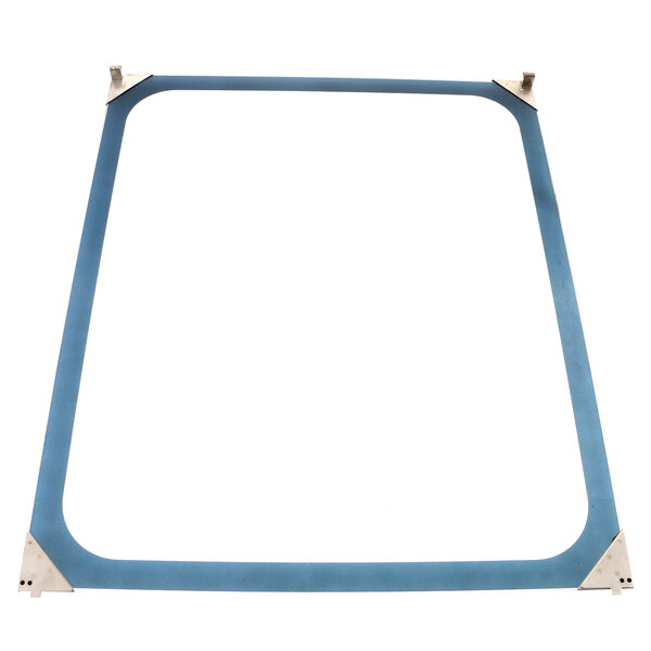 An Alto-Shaam inner door glass assembly with a blue square frame and metal corners.