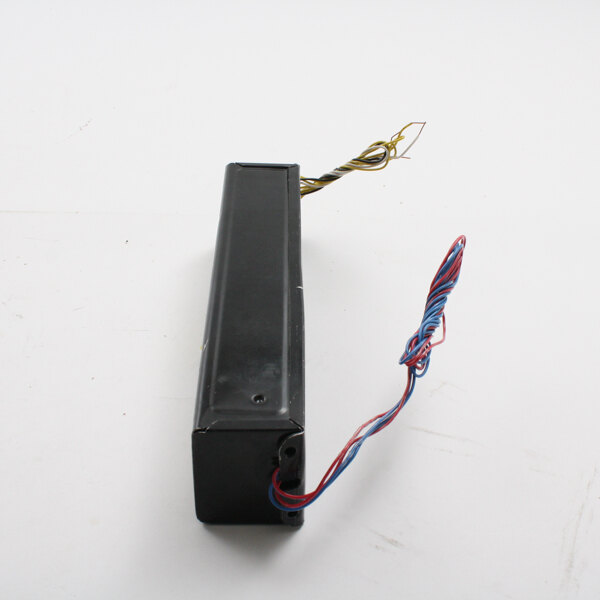 A black rectangular Beverage-Air light ballast with wires and a red and blue wire.