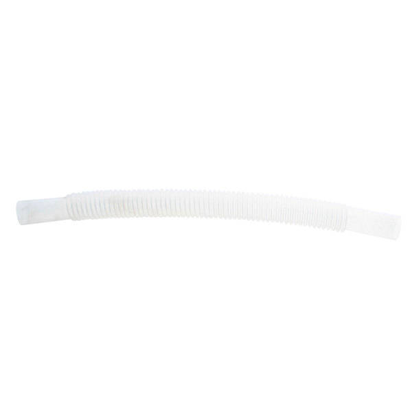 A white convoluted flexible plastic tube with a white strip.