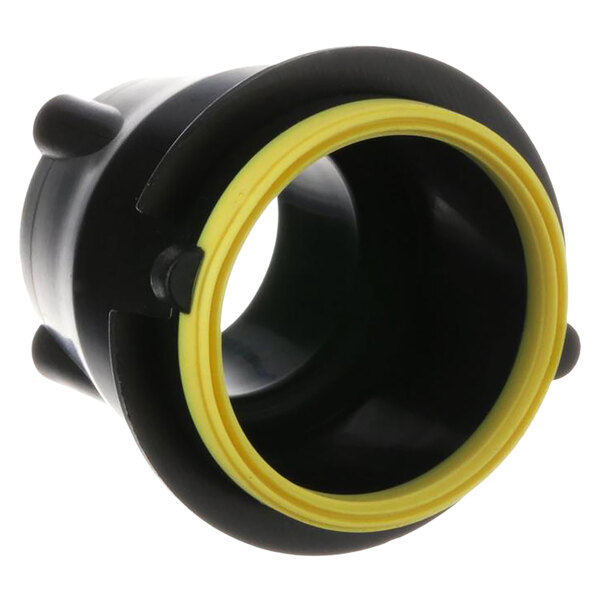 A black and yellow plastic object with a yellow ring.