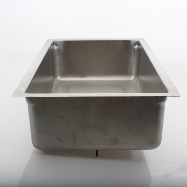 A stainless steel APW Wyott drop-in pan in a metal countertop sink.