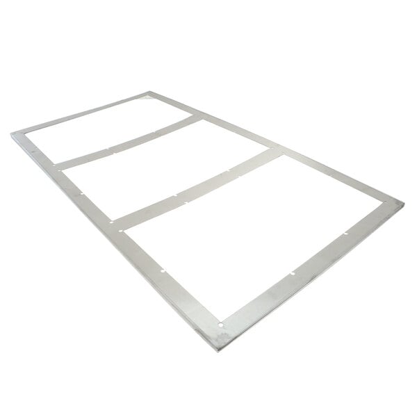 A rectangular white metal frame with three holes.