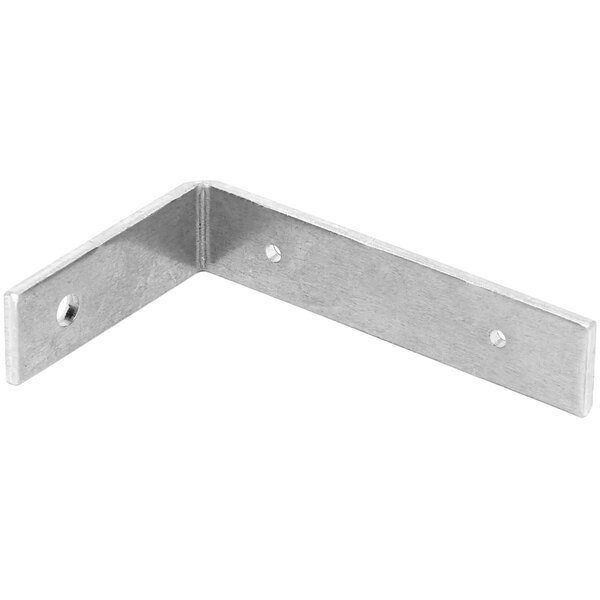 A silver metal mounting angle corner bracket with two holes.