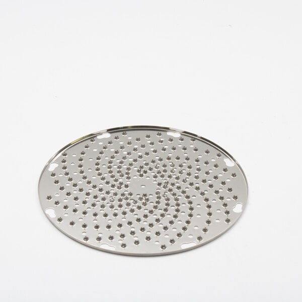 A Univex stainless steel circular metal grater plate with small holes.