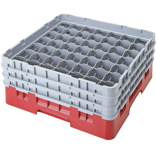 A red and gray Cambro glass rack with plastic extenders.