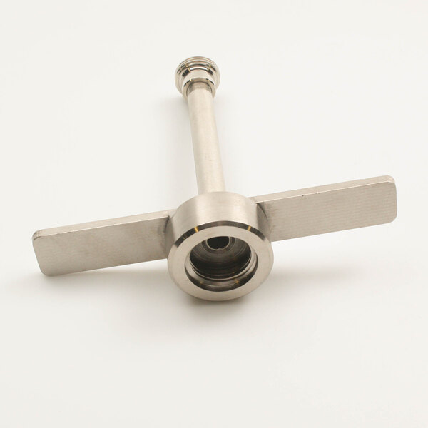 A stainless steel Prince Castle stand pipe with a metal handle and nut.