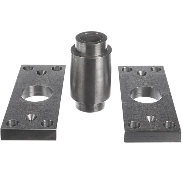 A metal plate with metal mounting brackets with holes.