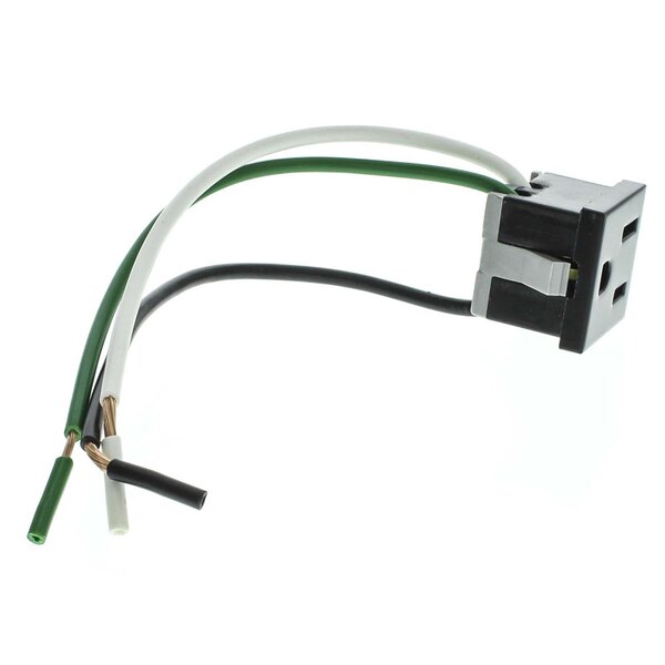 A green and white wire with a black connector plugged into a black and white electrical outlet.