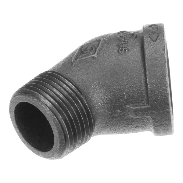 A black 45 degree elbow pipe fitting with a thread.