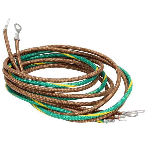 A coiled APW Wyott wire set with green and yellow cables.