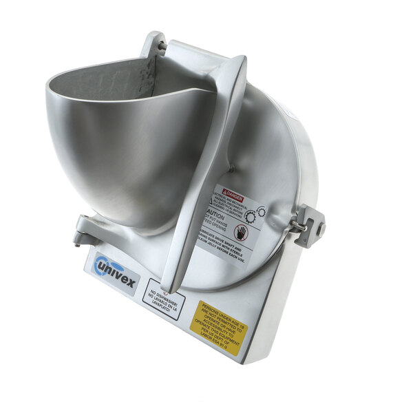 A silver metal Univex mixer with a Grater Attachment on the hub.
