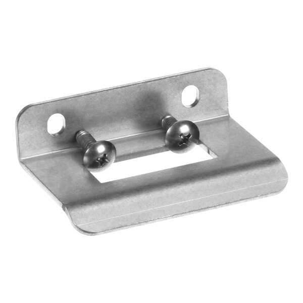 A stainless steel Cres Cor door strike bracket with two holes and screws.