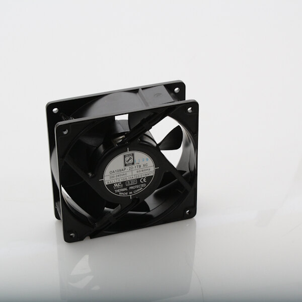A black TurboChef cooling fan with a white label.