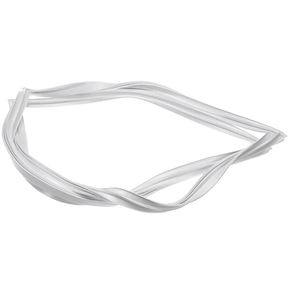 A white plastic gasket strip for a quad door on a white surface.
