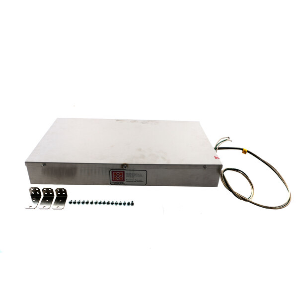 A white rectangular metal box with wires and screws.