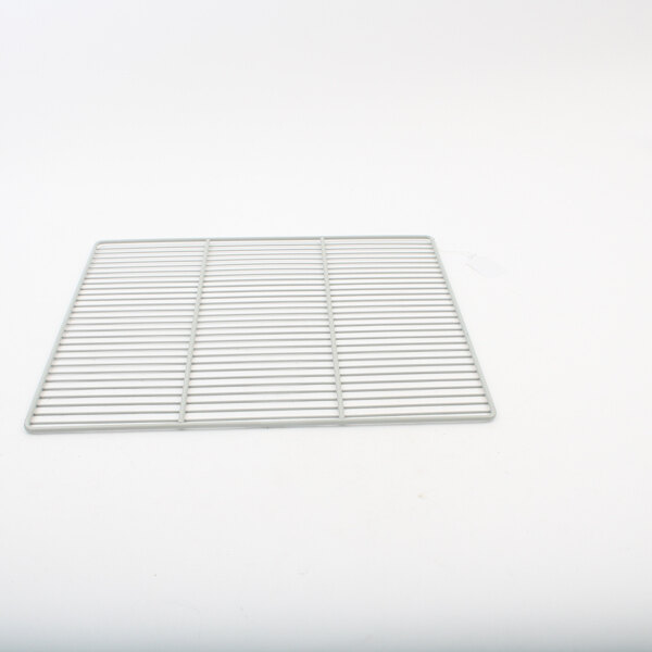 A metal grid Victory shelf on a white surface.