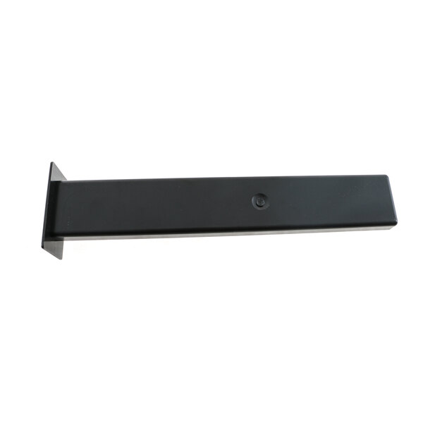 A black metal rectangular drip pan with a round button on the bottom.