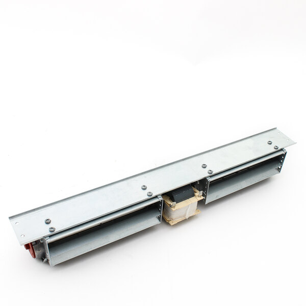 A metal rectangular object with two small metal objects on it.
