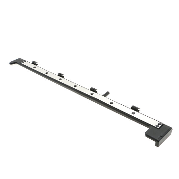 An Electrolux drain trough with a long black and white metal bar and two holes.
