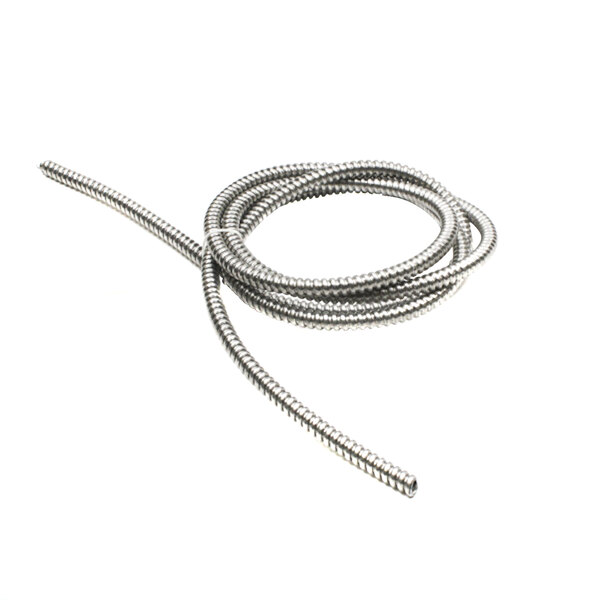 A coiled silver metal cable on a white background.