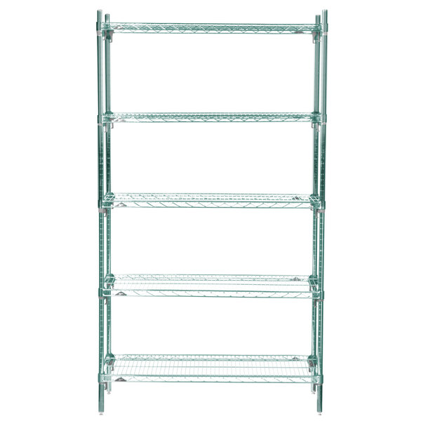 A Metro Metroseal 3 wire shelving unit with four green shelves.