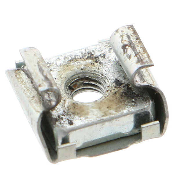 A close-up of a Merrychef M3 cage nut, a metal nut with a screw on top.