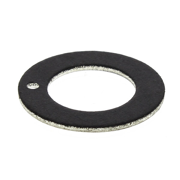 A black rubber washer with a silver ring.