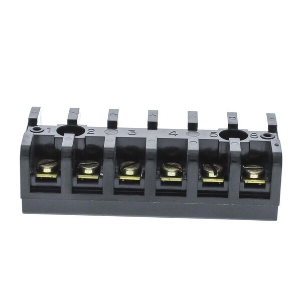 A black plastic 6-pole terminal block with many holes.