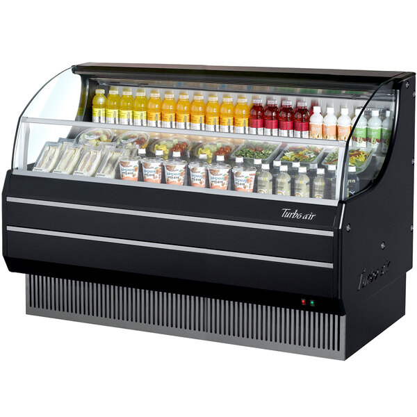 A Turbo Air black refrigerated display case with drinks including different beverages.