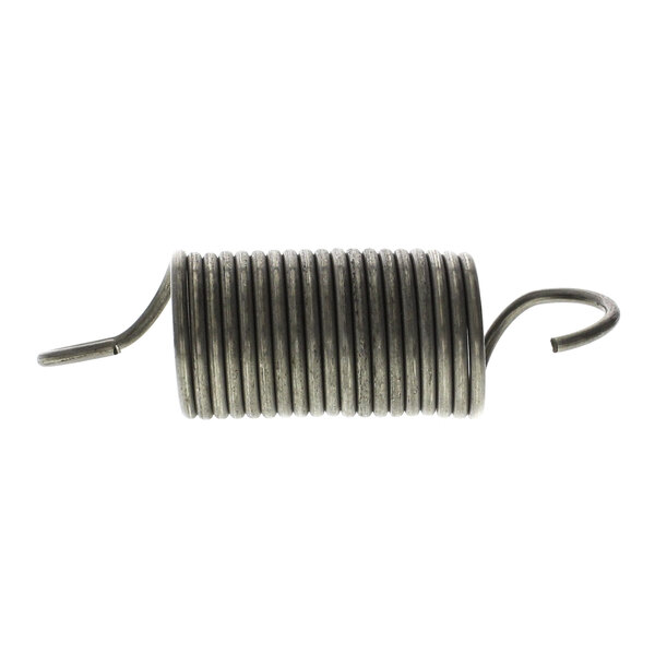 A coiled metal spring with a metal hook.
