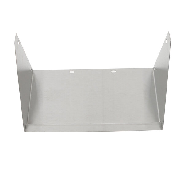 A white metal rectangular shelf with holes.