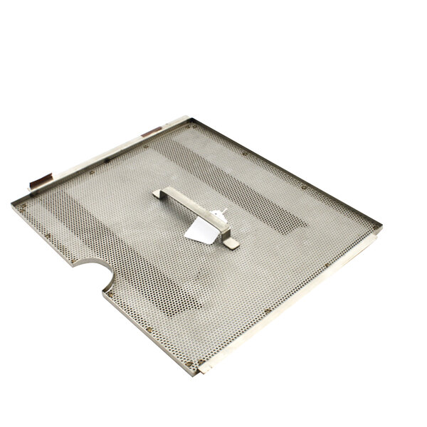 A metal mesh cover with a white handle.
