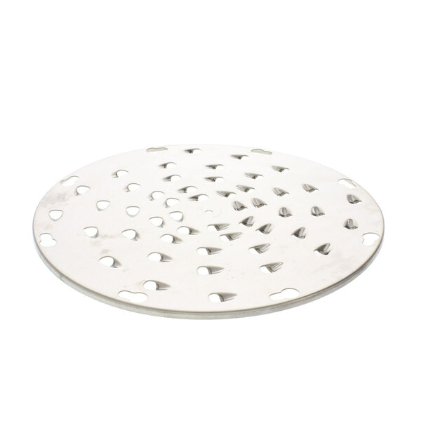 A white metal Univex shredder plate with holes in it.