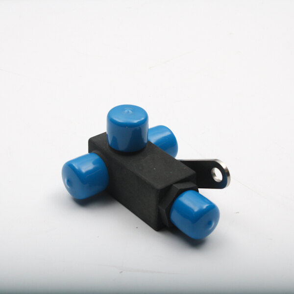 A blue and black plastic Pitco 3-way valve.