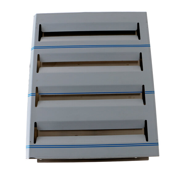 A white rectangular Rational grease filter with blue stripes.
