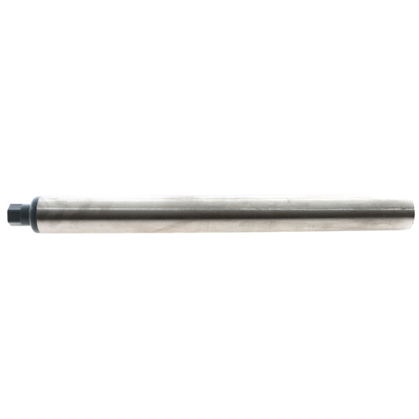 A stainless steel metal cylinder with a black nut on one end.