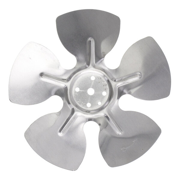 A silver metal fan blade with a circular shape.