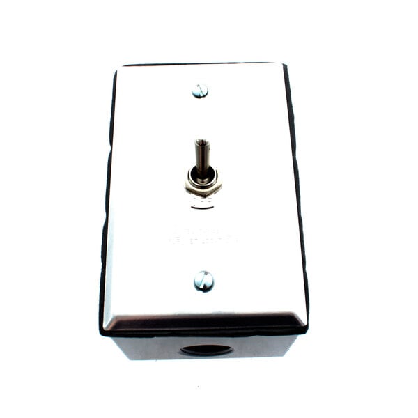 A silver metal rectangular On/Off switch.