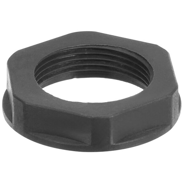 A black plastic nut with a hole.