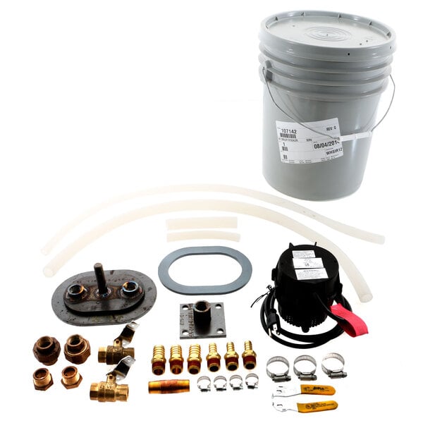 A Cleveland Boiler Service Kit in a bucket with various parts and accessories.