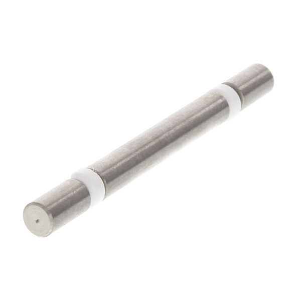 A stainless steel Robot Coupe push pivot pin with white and gray circles.