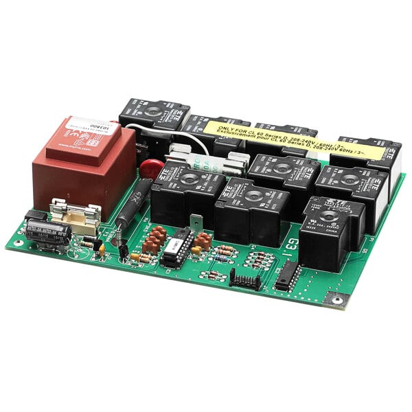 A black circuit board with several electronic components, including black and red components.