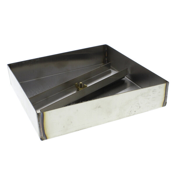 A metal box with a metal handle and a screw.
