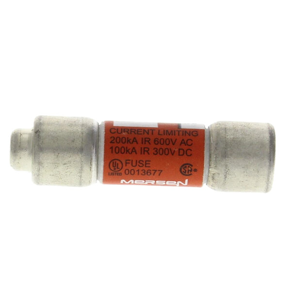 A close-up of a white and orange US Range 15 amp fuse with a red label.